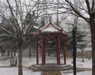 不一會，雪花就輕輕地覆蓋了整個大駐馬，連路邊游園的亭臺都讓這雪花修飾的如此意境不凡。